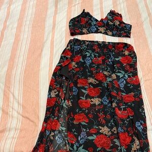 Floral Two-Piece Set with Red and Blue Flowers
